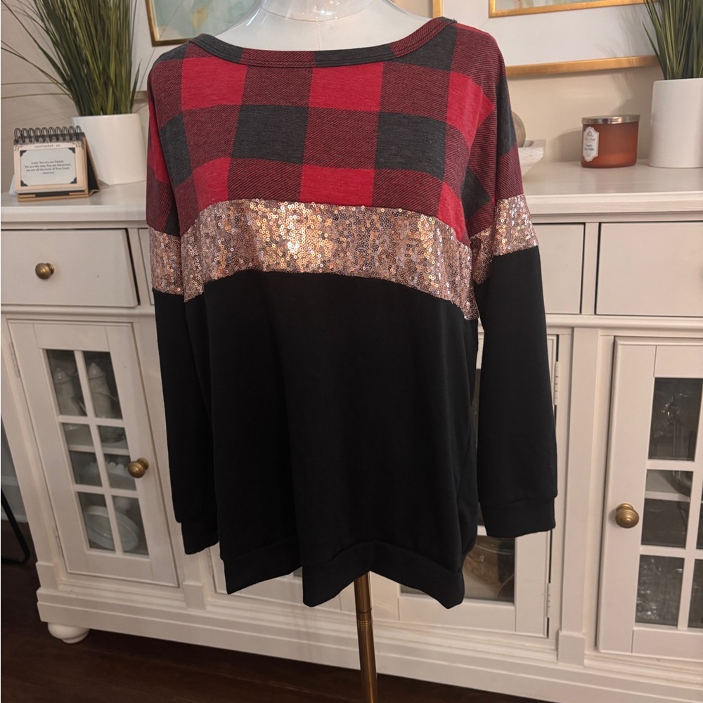 Plaid and Sequin Accent Sweater